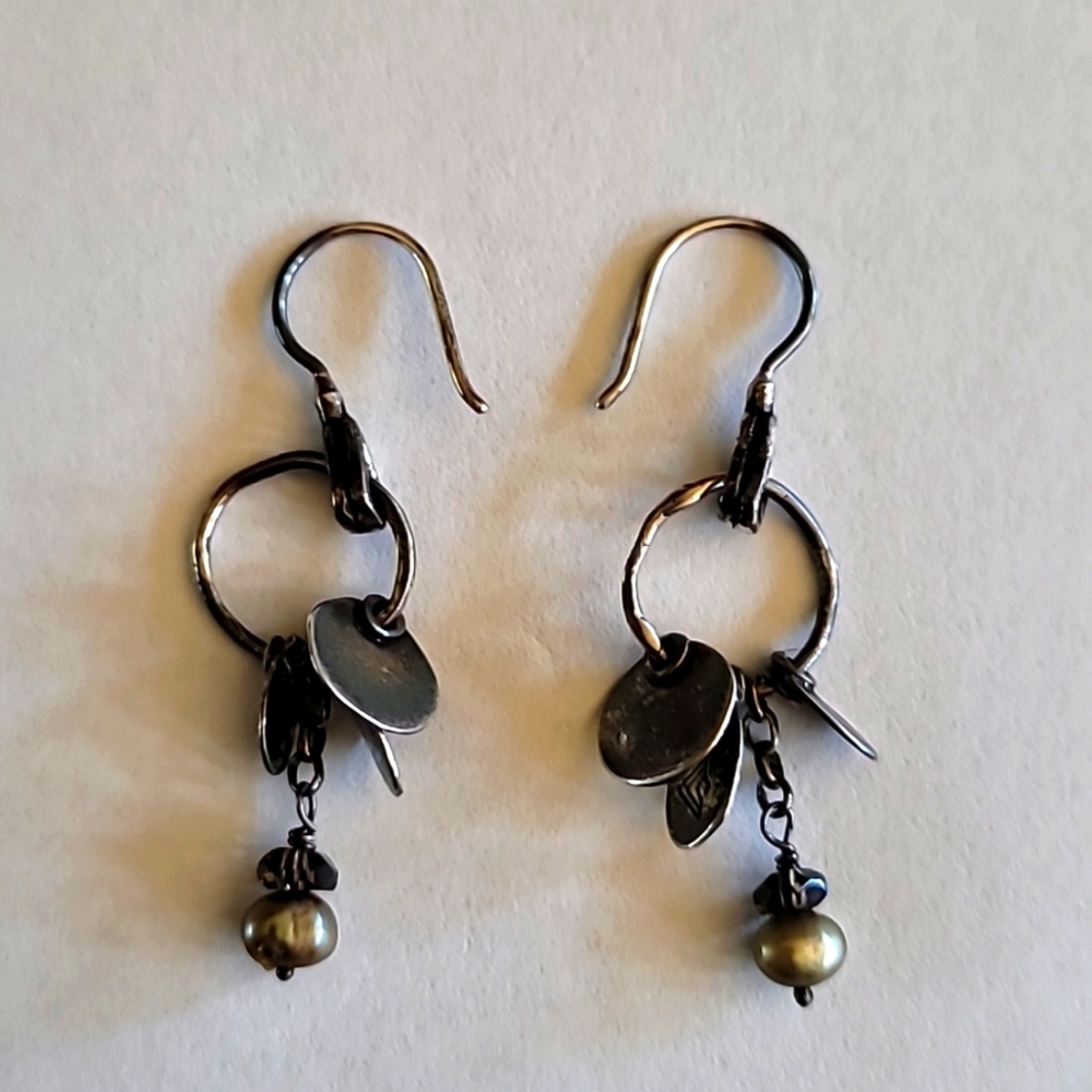 Silpada silver disc quartz fresh water bronze pearl dangle earrings